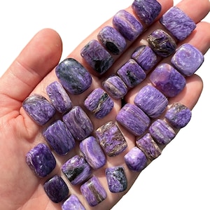 May include: A collection of 20 tumbled purple and black spectrolite stones. The stones are smooth and polished, with a variety of patterns and swirls.