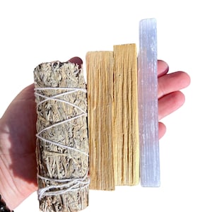 Kit di purificazione energetica - Palo Santo, bastoncino detergente alla salvia e bacchetta di selenite grezza - Pacchetto di salvia blu - Kit di purificazione con fumo - Un fantastico regalo per la nuova casa! immagine 9