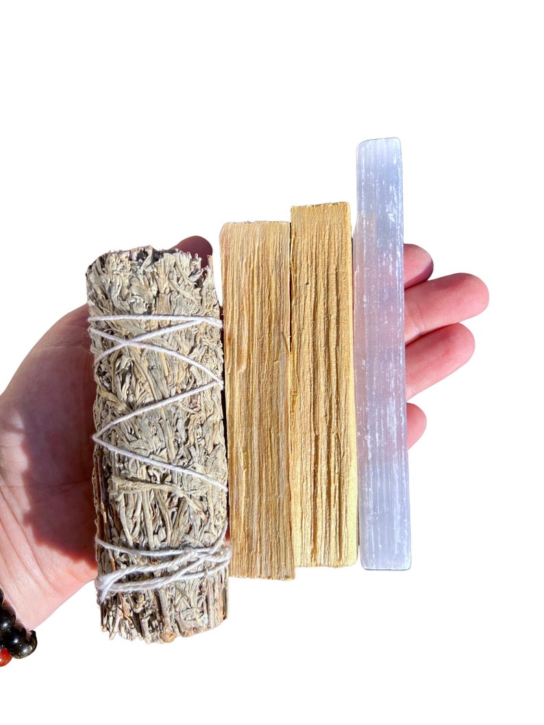 Kit di purificazione energetica - Palo Santo, bastoncino detergente alla salvia e bacchetta di selenite grezza - Pacchetto di salvia blu - Kit di purificazione con fumo - Un fantastico regalo per la nuova casa! immagine 9