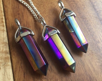 Rainbow Aura Quartz Pendant - Titanium Aura Quartz Necklace - Titanium Quartz - Flame Aura Quartz - Flame Aura Jewelry - Healing Necklace