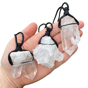 Raw Clear Quartz Cluster with 22&quot; Black Cord - Clear Quartz Crystal Cluster - Clear Quartz Necklace - Large Clear Quartz Chunk Necklace