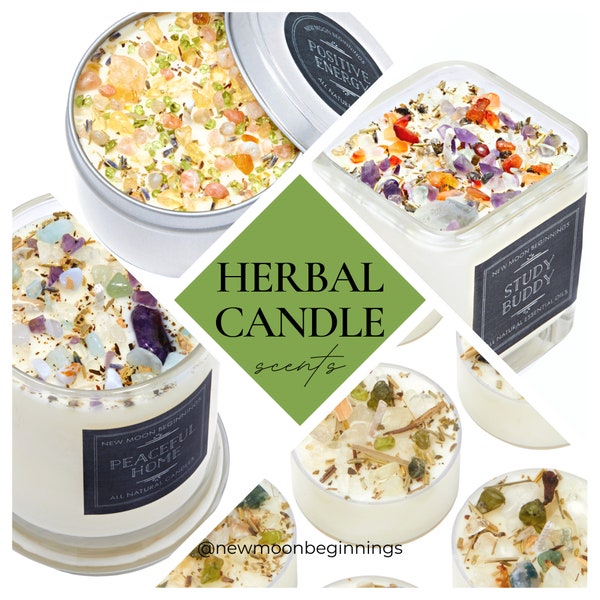 Herbal Candles with Crystals - Herbal Scented - Soy Wax Candles - Herb, Flower, and Crystal Candle Gifts - Herbal Aromatherapy - Handmade!