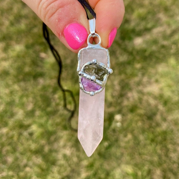 Rose Quartz, Amethyst, & Raw Moldavite Pendant - Transformation Love Blade Pendant - Love and Happiness Moldavite Crystal - Moldavite stone