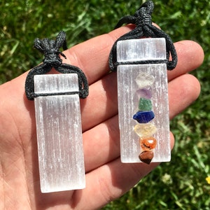 Raw Selenite Pendant on 22&quot; Black Cord - Raw Selenite Necklace - Raw Selenite Jewelry - Seven Chakra Stone Pendant