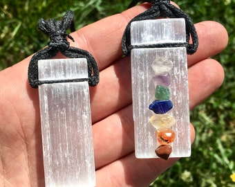 Raw Selenite Pendant on 22" Black Cord - Raw Selenite Necklace - Raw Selenite Jewelry - Seven Chakra Stone Pendant