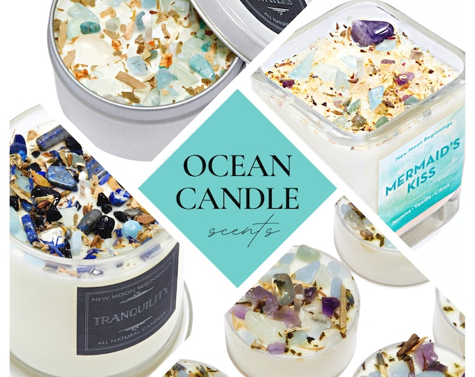 Ocean Candle - Crystal Candle - Intention Candle with Crystals & Herbs Energy Candles - Soy Candle - Scented Candle - Energy Healing Candle