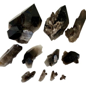 May include: A collection of smoky quartz crystals of various sizes and shapes. The crystals are a dark brown color and have a natural, rough texture.