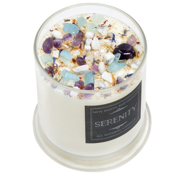 Serenity Candles - Lavendel Kamille Kerze - Kristall & Kräuter Kerze - Aromatherapie Kerze - Soja Spa Kerze - Beruhigende Kerze zur Entspannung