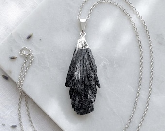 Black Kyanite Necklace - Raw Black Kyanite Pendant - Raw Kyanite Jewelry - Kyanite Blade Pendant - Witches Broom Necklace - Crystal Pendant