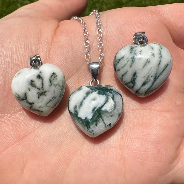 Tree Agate Heart Pendant - Polished Crystal Heart Necklace - Carved Tree Agate Crystal Heart Pendant - Tree Agate Pendant - Agate Jewelry