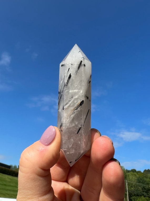 Double Terminated Tourmalinated Quartz Point Black Tourmaline  Stone in Quartz Crystal Point Double Point Quartz Crystal