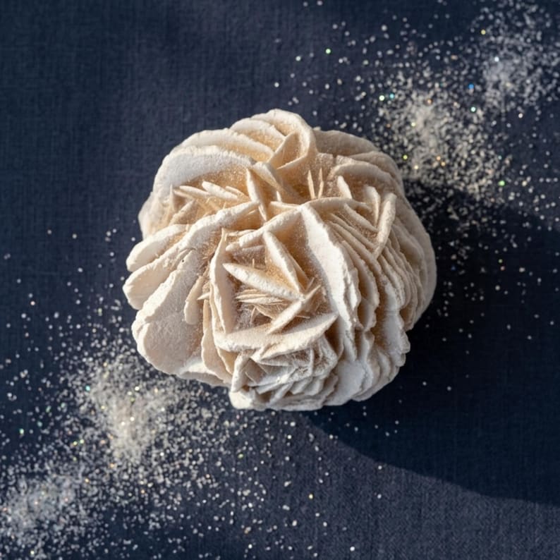 May include: A desert rose crystal formation with layered, petal-like structures in a pale beige color. The mineral specimen features sharp, crystalline edges and a dense, clustered arrangement, surrounded by scattered fine silver glitter.