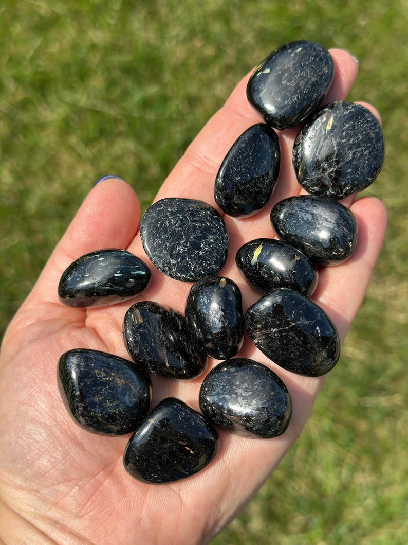 May include: A handful of polished black stones with a glossy sheen. The stones vary in size and shape, with some showing subtle gold or white veining. The background is blurred green grass.