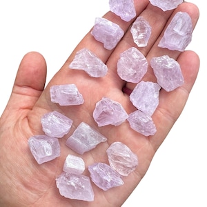 Puede incluir: Primer plano de una mano abierta que sostiene varios cristales morados claros en bruto. Los cristales, de diferentes tama&ntilde;os y formas, tienen un aspecto transl&uacute;cido. El fondo blanco liso resalta su color y textura.
