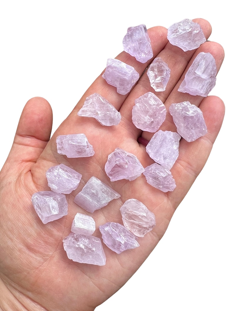 Puede incluir: Primer plano de una mano abierta que sostiene varios cristales morados claros en bruto. Los cristales, de diferentes tama&ntilde;os y formas, tienen un aspecto transl&uacute;cido. El fondo blanco liso resalta su color y textura.