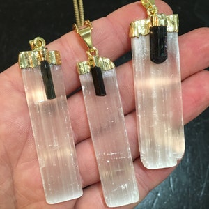 Raw Selenite Pendant with Black Tourmaline - Selenite Necklace with Raw Black Tourmaline - Raw Rectangle Pendant - Crystal Necklace