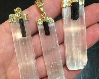 Raw Selenite Pendant with Black Tourmaline - Selenite Necklace with Raw Black Tourmaline - Raw Rectangle Pendant - Healing Crystal Necklace