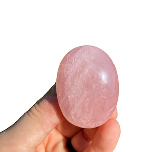 Pu&ograve; includere: Un cristallo di quarzo rosa liscio, di colore rosa pallido, a forma ovale. Il cristallo &egrave; tenuto in una mano.