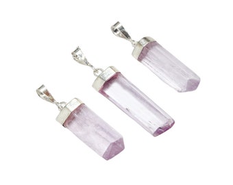 Kunzite Pendant Set in Sterling Silver (~1.5") Grade AA Pink Kunzite Crystal Pendant - Kunzite Necklace - Raw Pink Kunzite Rod Pendant