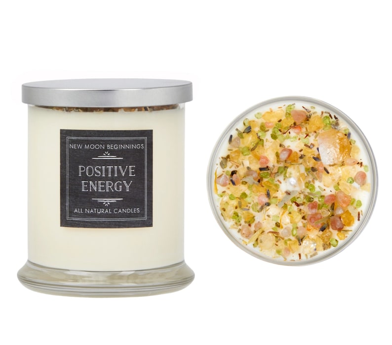 Positive Energie Kerzen - Kristall & Kräuter Kerze - Soja Aromatherapie Kerze mit Sonnenstein, Citrin - Positive Energie Kristall Kerze - Handgemacht! 12oz Glass Jar