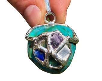 Meditation Amulet - Channeling Pendant - Selenite, Chrysocolla, Smoky Quartz, Amethyst, Lapis Lazuli, Rutilated Quartz - Meditation Crystals