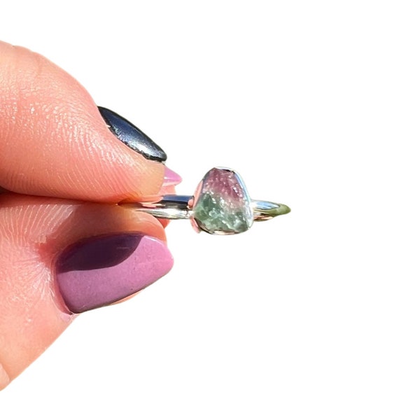 Raw Watermelon Tourmaline Ring -  Sterling Silver - Sizes 4 to 10 (US) - Minimalist Ring - Rough Watermelon Tourmaline Crystal Ring