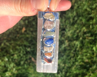 Selenite Pendant with Chakra Stones - Selenite Necklace - Selenite Jewelry - Healing Crystal Necklace - Chakra Balancing Crystal Pendant