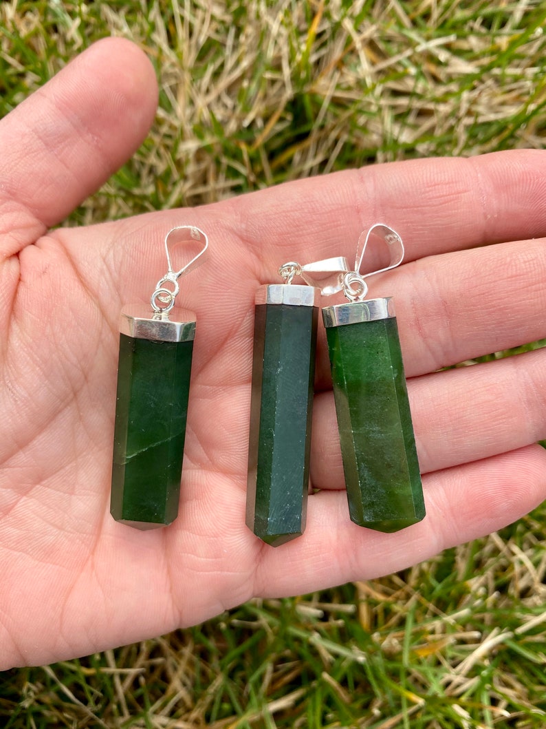 Nephrite Jade Stone Point Pendant - Sterling Silver Pendant - Polished Nephrite Jade Point - Jade Jewelry - Crystal Necklace image 3