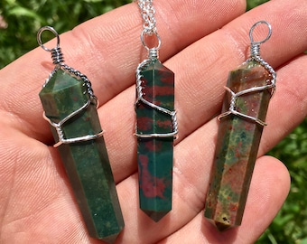 Bloodstone Necklace - Bloodstone Point Pendant - Polished Point Necklace - Polished Bloodstone Necklace - Wire Wrapped Bloodstone Pendant
