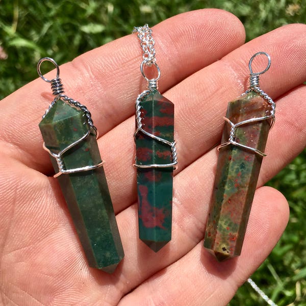 Bloodstone Necklace - Bloodstone Point Pendant - Polished Point Necklace - Polished Bloodstone Necklace - Wire Wrapped Bloodstone Pendant