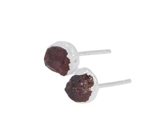 Raw Garnet Earrings Sterling Silver Earrings (5mm-7mm) - Raw Garnet Stud Earrings - Garnet Jewelry - January Birthstone - Birthstone Gift