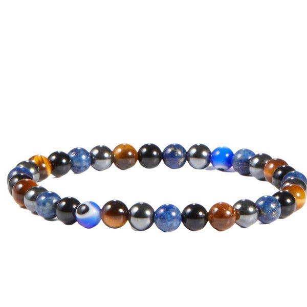 Evil Eye Protection Bracelet - Intuition & Prosperity Bracelet - Tigers Eye, Black Tourmaline, Black Obsidian, Hematite, Lapis Lazuli