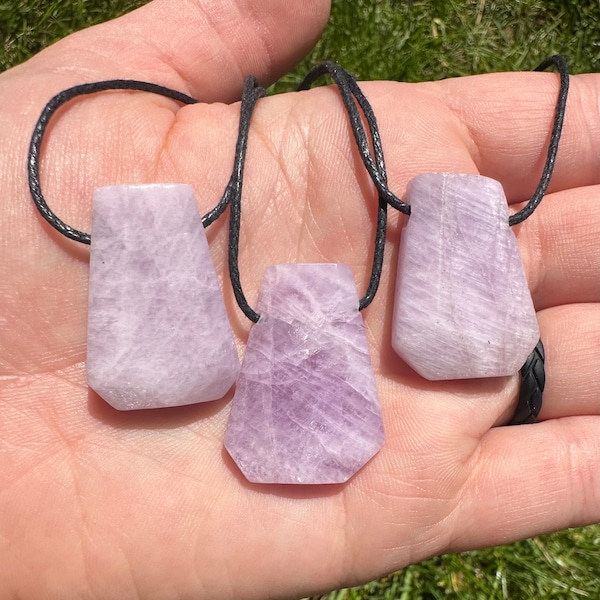 Kunzite Coffin Shaped Pendant on Cord - Polished Kunzite Pendant - Pink Kunzite Necklace - Coffin Shaped Crystal Necklace - Pink Pendant