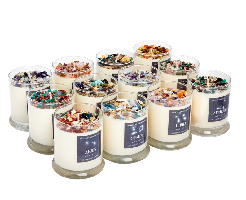 Zodiac Candles With Crystals and Herbs Zodiac Sign Candles Etsy