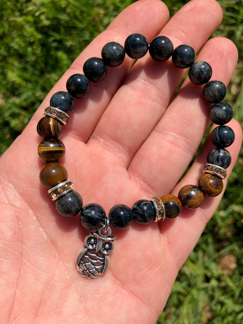 Gold & Blue Tigers Eye Bracelet With Owl Charm Silver Etsy