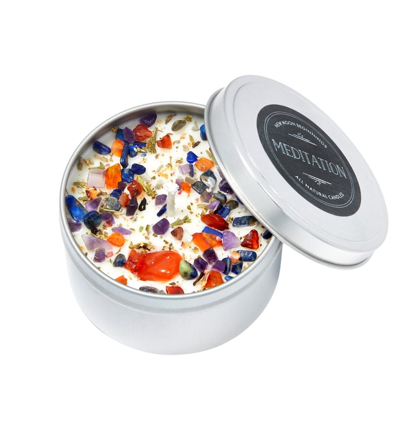 Meditation Candle - Nag Champa Candles - Soy Aromatherapy Candle for Meditation - Crystal Candle - Yoga & Meditation Gift - Nag Champa Scent 8oz Round Tin