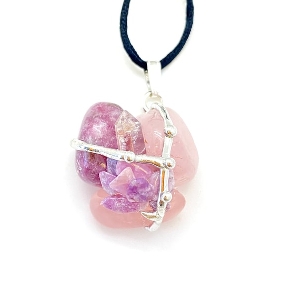 Harmony Amulet Pendant - Positive Energy & Joy - Lepidolite, Rose Quartz, Clear Quartz - Happiness Crystals Amulet - Crystal Necklace