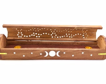 Triple Moon Wooden Incense Burner - Triple Moon and Stars Inlay Wooden Incense Holder - Incense Box - Incense Stick Burner - Cone Burner