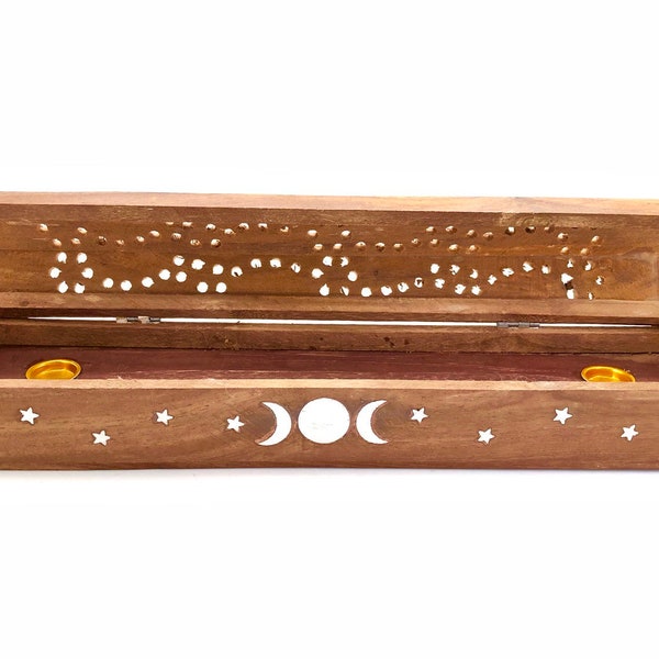 Triple Moon Wooden Incense Burner - Triple Moon and Stars Inlay Wooden Incense Holder - Incense Box - Incense Stick Burner - Cone Burner