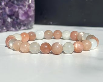 Moonstone & Sunstone Bracelet - 8mm Moonstone Sunstone Beads - Moonstone Sunstone Crystal Bracelet - Sunstone Moonstone Elastic Bracelet