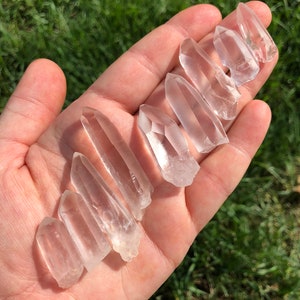 May include: A collection of ten clear quartz crystal points of varying sizes, displayed in a hand.