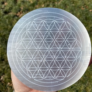 Selenite Plate Flower of Life Engraved (2.5" - 6") - Selenite Slab - Flower of Life Selenite Charging Plate - Selenite Cleansing Plate