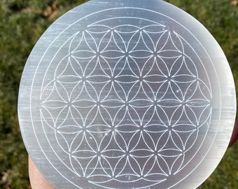 Selenite Plate Flower of Life Engraved (2.5" - 6") - Selenite Slab - Flower of Life Selenite Charging Plate - Selenite Cleansing Plate