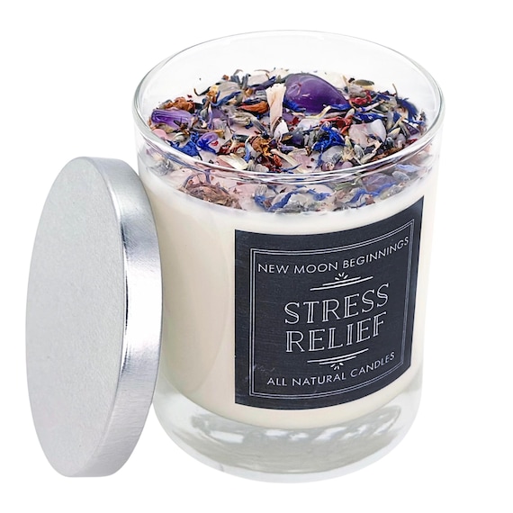 Stress Relief Candles - Lavender Candle or Tealights - Soy Aromatherapy Candle w/ Amethyst, Rose Quartz, Clear Quartz