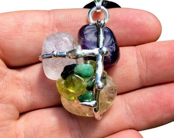 Överflöds- och välståndsamulett - Peridot, smaragd, ametist, citrin och klar kvartskristall - Attrahera välstånd - Överflödskristallamulett