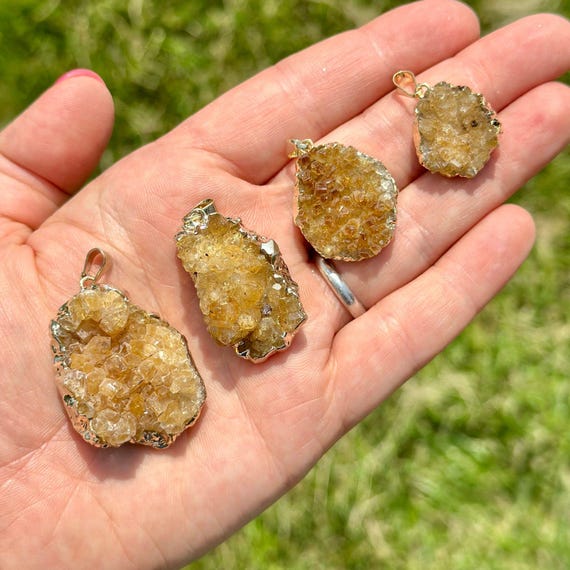 Raw Citrine Pendant (Heat Treated) - Gold Color Backing- Small Citrine Cluster Necklace - Crystal Necklace - Brazilian Citrine