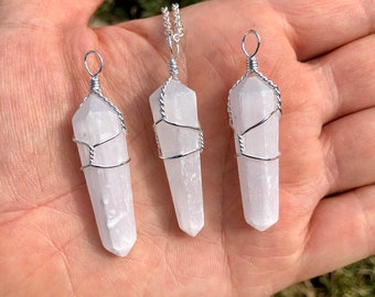 Raw Selenite Necklace - Wire Wrapped Selenite Pendant - Genuine Selenite Jewelry - Healing Crystal Necklace - Selenite Point Pendant