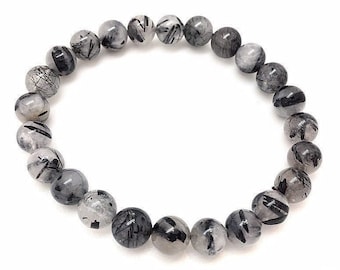 Tourmalated Quartz Elastic Bracelet - Black Tourmalinated Quartz Jewelry - Black Tourmaline Quartz - Black Rutilated Quartz Bracelet