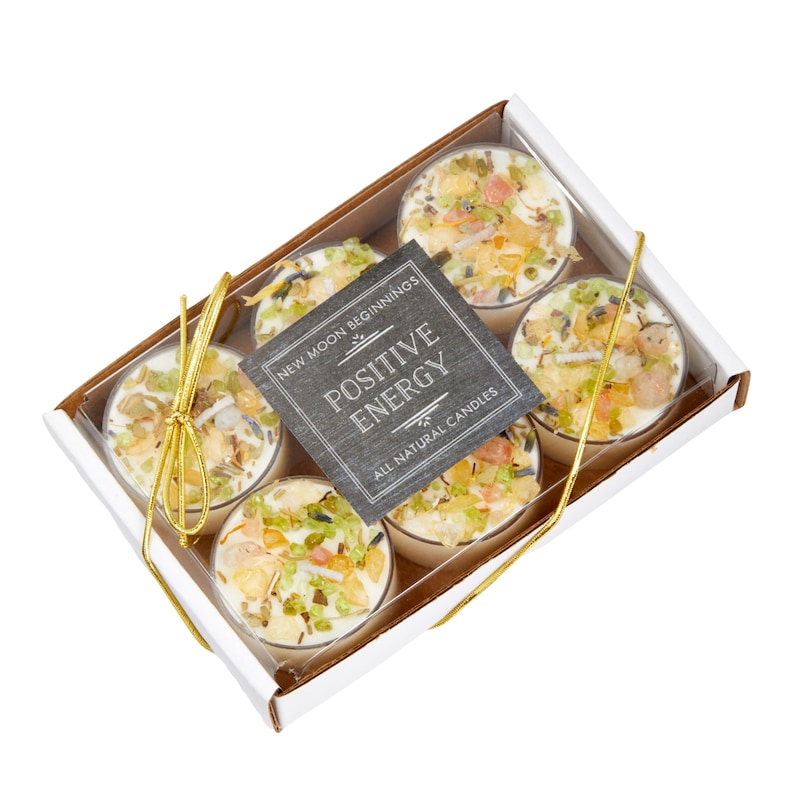 Positive Energie Kerzen - Kristall & Kräuter Kerze - Soja Aromatherapie Kerze mit Sonnenstein, Citrin - Positive Energie Kristall Kerze - Handgemacht! 6 Tealight Candles