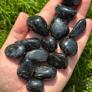 May include: A collection of polished black stones, each with a smooth, rounded shape. The stones vary in size and reflect light, creating a glossy appearance. The stones are held in a hand against a backdrop of green grass.